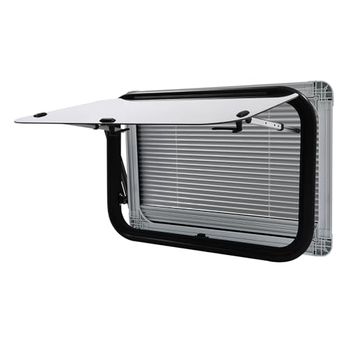 RV Push Out Window with Screen and Privacy Shade, 75x50cm, Black Aluminum Alloy Frame, Tempered Glass, 65° Opening Angle for Camper Van Trailer Motorhome