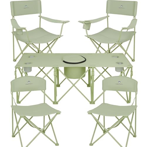 Camping Chair Set of 3, Outdoor Folding Camping Chairs for Heavy People with Cup Holder & Carry Bag,Collapsible Chair Include One Sofa Chair and Two Single Chair,Support up to 500lbs - color: Light Green-5pcs