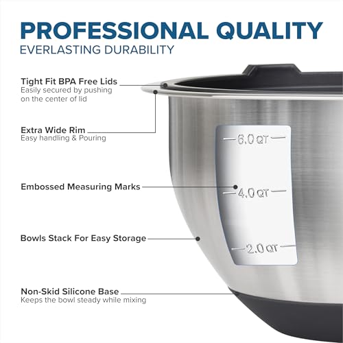 Viking Mixing Bowls Set, 10 Piece Stainless Steel Kitchen Cookware, Non-Slip Silicone Base, Includes Tight Fit Lids, Dishwasher Safe, Black - color: Black