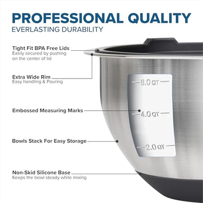 Viking Mixing Bowls Set, 10 Piece Stainless Steel Kitchen Cookware, Non-Slip Silicone Base, Includes Tight Fit Lids, Dishwasher Safe, Black - color: Black