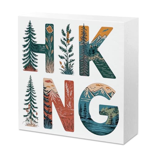 Mountain Decor Travel Adventure Forest Awaits Sign Camper Rv Camping Classroom Decor for Home Room Desk Office Table Cubicle Shelf 5 X 5 Inch - color: Hiking
