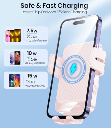 Wireless Car Charger, MOKPR 15W Fast Charging Auto-Clamping Car Mount Hands-Free Car Charger Mount for Dash Windshield Air Vent Compatible with iPhone 16 15/14/13/12, Samsung S23/S22/S21 Pink - color: Light pink