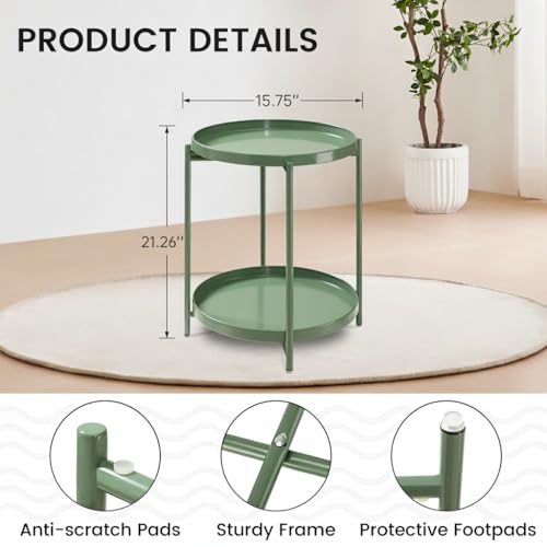 danpinera 2 Tier Metal Side Table with Removable Tray, End Table Outdoor Small Accent Table, Anti-Rust Green Nightstand for Bedroom Balcony Patio (Dark Green) - color: Dark Green