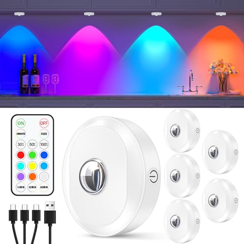 WILLED RGB Rechargeable Puck Lights with Remote Control, Under Cabinet Lighting Wireless, Dimmable Push Lights, Multicolor and Timing Function, LED Puck Lights for Kitchen, Cabinet and Shelf(6 Pack) - color: White, size: Rgb Multicolor