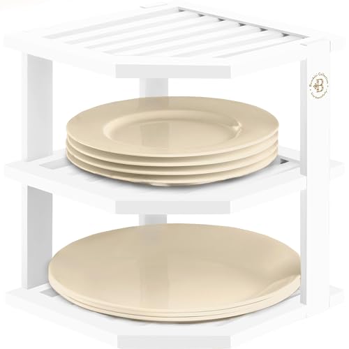 White Plate Organizer for Cabinet - 3 Tier Bamboo Corner Cabinet Organizer Shelf for Plates Bowls Mugs Cups, Kitchen Cabinet Organizer, Cabinet Shelf Organizer, Countertop Rack, 10 x 10 x 9.5 Inch - color: White