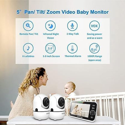 HelloBaby Upgrade 5’’ Baby Monitor with 30-Hour Battery, 2 Cameras Pan-Tilt-Zoom, 1000ft Range Video Audio Baby Monitor No WiFi, VOX, Night Vision, 2-Way Talk, 8 Lullabies and Temperature - size: 5 inch (Dual Cam)