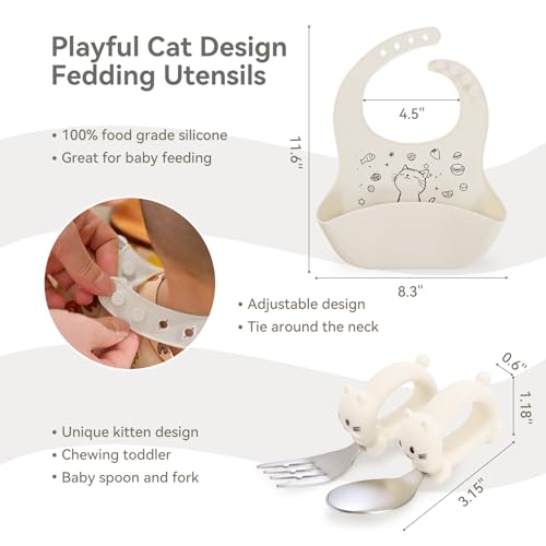 Baby Travel Essentials 6 Pc Feeding Set - Cute Cat Toddler Plates with Suction, 304 Stainless Steel Spoon & Fork, Foldable Silicone Bib in Travel Case - BPA-Free Airplane Travel Gear (Beige) - color: Beige