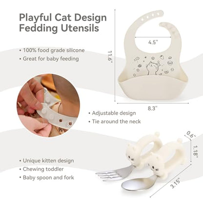 Baby Travel Essentials 6 Pc Feeding Set - Cute Cat Toddler Plates with Suction, 304 Stainless Steel Spoon & Fork, Foldable Silicone Bib in Travel Case - BPA-Free Airplane Travel Gear (Beige) - color: Beige