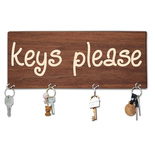 4“x 10” Wooden Key Holder with 4 Hooks - Keys Please Decorative Key Organizer for Wall - Home Office Kitchen Hallway Entryway Wall Decor for Keys, Dog Leash Hanging - A04 - color: Keys Please