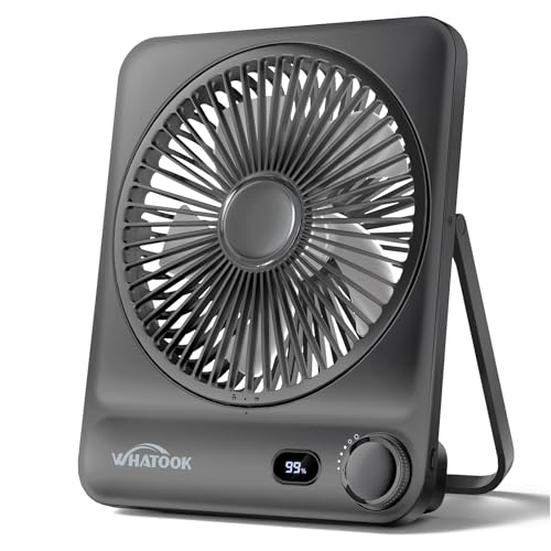 WHATOOK Large Travel Desk Fan: 10000mAh Battery 40 Hours Runtime Silent Rechargeable Fans, Quite Personal Portable Fan for Camping Bedroom Office Small Desktop fan (8.3 * 7.1inch Black) (Black) - color: Black