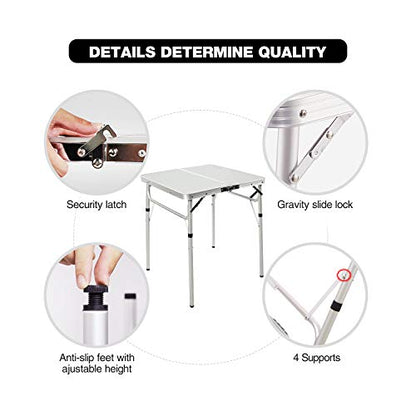 REDCAMP Small Square Folding Table 2 Feet, Portable Aluminum Camping Table Adjustable Height Lightweight for Picnic Beach Outdoor Indoor, White 24 x 24 inch - size: 2-Feet Square (2 heights 10"/27")