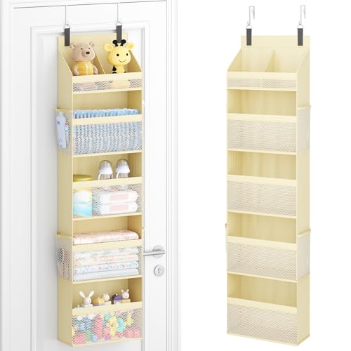 Lifewit 5 Tier Over the Door Diaper Organizer for Nursery, Large Heavy Duty Hanging Storage with 4 Mesh Side Pockets, Sturdy Back of Door Shelf for Baby Stuff Toy in Pantry, Laundry, Bathroom, Beige - color: Beige, size: 5 Tier