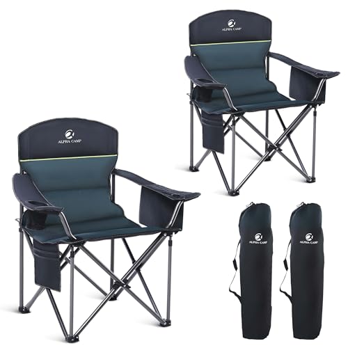 LET'S CAMP Oversized Folding Camping Chair Portable Outdoor Heavy Duty Padded Chairs Lawn Chair with Cup Holder, Storage Pocket and Cooler Bag, Supports 450LBS, for Camp, Travel, Picnic,2 Pack(Green) - color: Green, size: Twin Pack