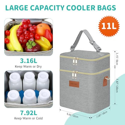 PIIOSER Breastmilk Cooler Bag with Ice Pack Fits 6 Baby Bottles Up to 9 Ounce, Insulated Baby Bottle Tote Bags, Double Layer Waterproof Leak-Proof with Shoulder Strap for Nursing & Working Mom (Grey) - color: Grey