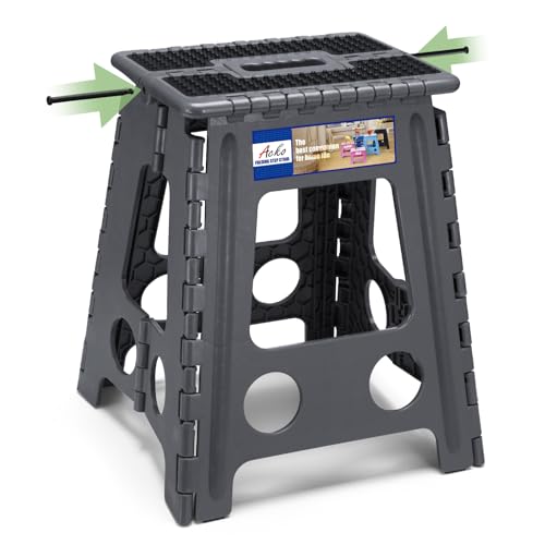 ACKO Folding Step Stool Foldable 16 Inch Stools for Adults and Kids, Plastic Stools Tall 400 lbs Capacity, Collapsible Stool for Kitchen, Stepping Foot Stool with Handle, Dot Grey, 1 PC - color: Dot Grey, size: 16 Inch