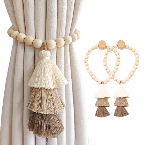 SRG Curtain Tiebacks for Curtains 2 Pack, Decorative Magnetic Curtain Holdbacks for Drapes, Handmade Tie Backs No Drilling for Home Bedroom Window Decor – Wood Bead - color: Wood Bead
