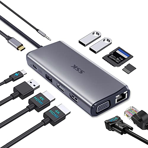 SSK Laptop USB C Docking Station Dual Monitor,HDMI 4K/60Hz Multiport Adapter 11 in 1 USB C Hub, Thunderbolt Dock Triple Display with 2 HDMI+VGA,RJ45 Ethernet,100W PD,3 USB for MacBook