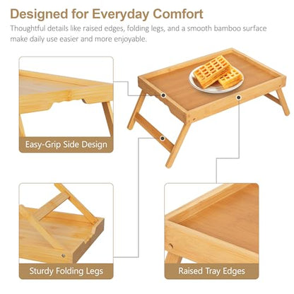 Large Breakfast Tray with Folding Legs Set of 2, 16.9" x 12.2" Bamboo Bed Tray Table with Ergonomic Wave Handles, Foldable TV Dinner Tray for Bed Couch Sofa, Breakfast, Laptop, Coffee, Natural - color: Natural, size: Large