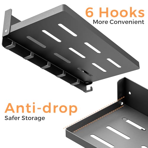 Small Folding Metal Shelf with Hooks, Fold-up Wall Shelf, 6 Hooks, Drop Down Floating Shelf for Laundry Room, Kitchen, RV, Toilet Room, Garage, Utility, Black（11.8", 1 Pack） - color: 11.8" , 1-pack