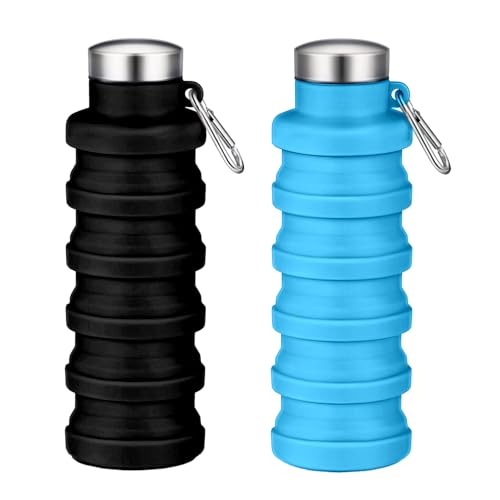 Collapsible Water Bottles,16oz Capacity Portable Reusable Silicone Water Bottle,Leak-proof,with buckle,foldable storage,Lightweight Durable for Fitness,Cycling,Sports,Camping,Hiking (Black+Blue) - color: Black+Blue