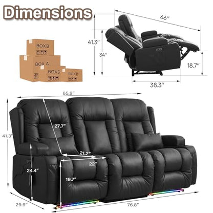 TUNYI Power Loveseat Recliner Sofa with Massage & Heat Home Theater Seating with Console RV Recliner Loveseat Sofa with USB/Storage/Side Pocket/LED Light/Speaker (Black, 3 Seat) - color: Black, size: 3 Seat
