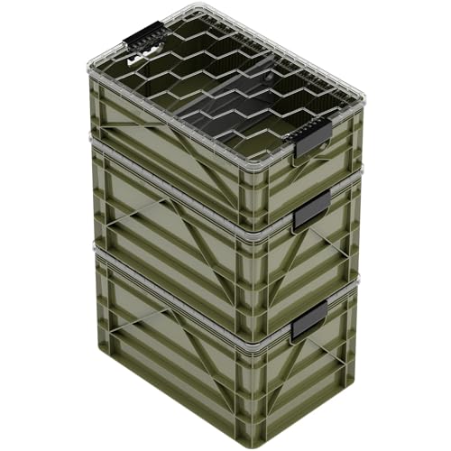 SIDIO CRATE Starter Pack - Two Full Size and One Half Size SidioCrate, Stackable Outdoor Organizer Storage Bins with Clear Lid and Dividers - Green - color: Green