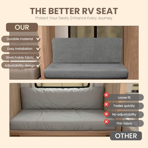 RV Dinette Cushion Covers – Short Backrest (12–16”H x 36–40”L) – 4-Piece RV Booth Seat Cover Set – No-Slip Drawstring Cord-Lock Fit – Washable, Modern Replacement Covers