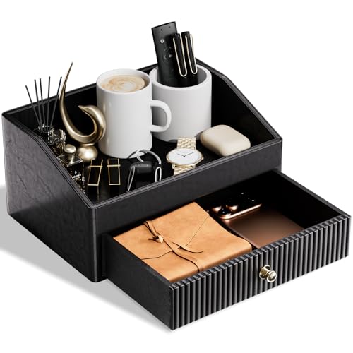 LADSTAG Desk Accessories,Black Vegan Leather Desk Organizers with 1 Draw & Tray,Remote Control Holder with Gold-Tone Metal Accents Knob for End Tables,Bedside Table,Bedroom - color: Black, size: 2 layers