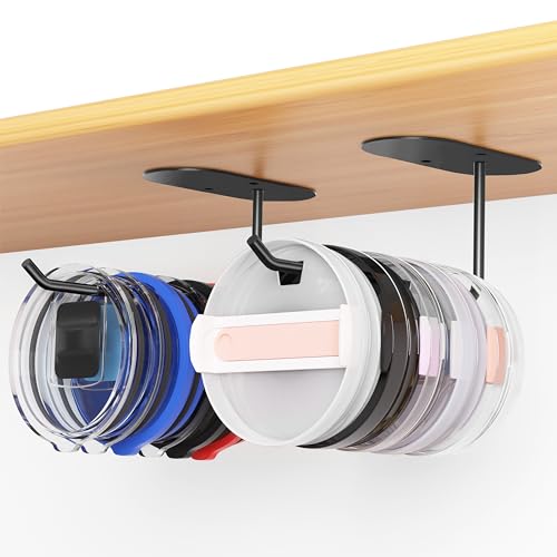 2 Pack Tumbler Lid Organizer, Space Saving Cup Lid Organizer for Yeti/Stanley/Simple Modern Tumbler Lids, Self-Adhesive or Drilling Tumbler Lid Hook for Kitchen Organizers and Storage - color: Black+Black