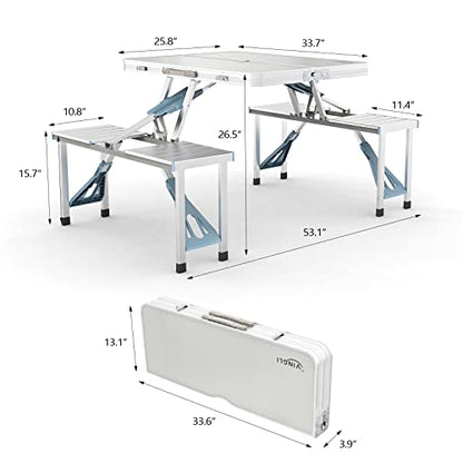 VINGLI 4Ft Folding Camping Picnic Table with Seats/Umbrella Hole-265 Lbs Support that Lightweight and Fold Up Card Suitcase Table Aluminum Alloy Frame, RV Tabletop with Soft Handl - color: White