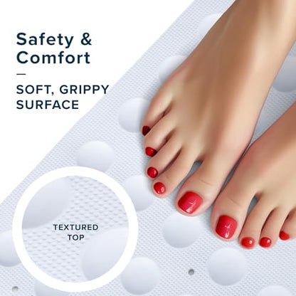 SlipX Solutions Square Natural Rubber Shower Stall Mat, 21” x 21”, Mildew Resistant, Non Slip Safety, Antimicrobial Product Protection, 140 Power Grip Suction Cups, Center Drain Hole, White - color: White