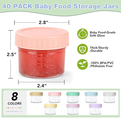 RowinsyDD 40 Pack Glass Baby Food Storage Containers, 4 oz Leakproof Baby Food Jars with Lids, Small Glass Food Containers for Infant Baby, Freezer & Microwave Safe, BPA Free - size: 40P