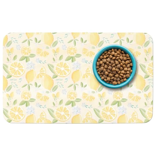 Patterned Cat & Dog Bowl Mat for Food and Water, 12""×20"" Quick Dry Absorbent Pet Feeding Mat, Eco-Friendly Dog Placemat - color: Yellow-lemon, size: Small (12" x 20")