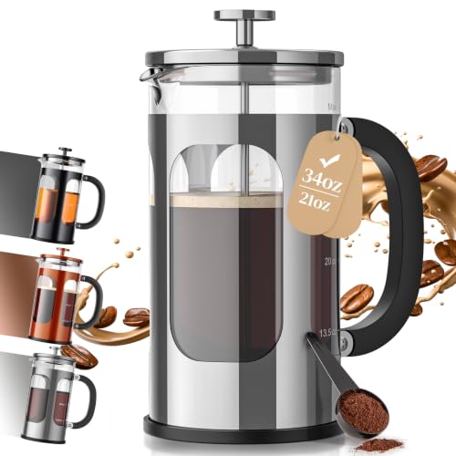 Veken French Press Coffee Maker 34oz 1 L, No Plastic Touching Cafe, Heat Resistant Thickened Borosilicate Glass, Stainless Steel Brewer, Cold Brew Cafetera Teapot for Kitchen Travel Camping, Silver - color: Silver, size: 34oz