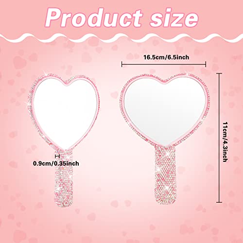 Tatuo 2 Pcs Large Rhinestone Handheld Mirror Heart Shaped Bling Glitter Portable Cosmetic Hand Mirror with Handle for Women Make up Brush Lash(Pink and White)