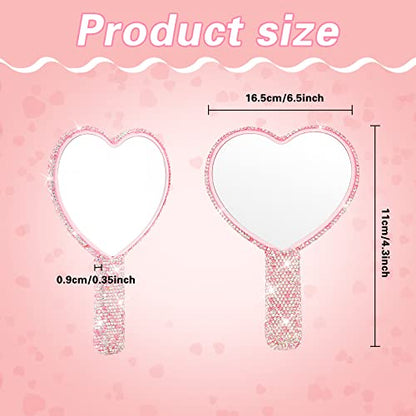 Tatuo 2 Pcs Large Rhinestone Handheld Mirror Heart Shaped Bling Glitter Portable Cosmetic Hand Mirror with Handle for Women Make up Brush Lash(Pink and White)