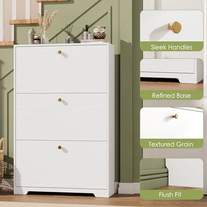 Nicetree Shoe Cabinet with 3 Flip Drawers, Narrow Shoe Organizer Cabinet, Freestanding Shoe Rack Cabinet, Modern Shoe Storage Cabinet for Entryway, Hallway, Foyer, White - color: White, style: 3-Drawers