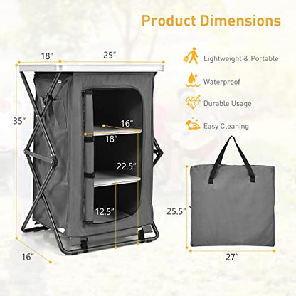 Goplus Folding Camping Storage Cabinet, Pop Up Outdoor Camping Kitchen Station with Large 3-Tier Storage Organizer, Carry Bag, Easy Set Up Portable Compact Camping Table for BBQ Picnic Backyard (35'') - size: 35''