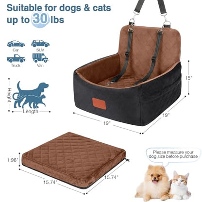 WOOAIDAGG Dog Car Seat for Small Dogs Under 30lbs,Ultra Soft Fabric & Memory Foam Pet Travel Car Bed,Washable & Detachable,Anti-Slip Bottom,2 Storage Pockets and Safety Tethers(Black/Brown) - color: Black/Brown