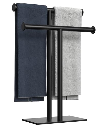 Hand Towel Holder for Bathroom 2-Tier, T-Shape Freestanding Countertop Double Towel Rack Tree, SUS304 Stainless Steel Face Towel Holder Stand for Kitchen Vanity (Matte Black) - color: Matte Black, size: 2 Tier