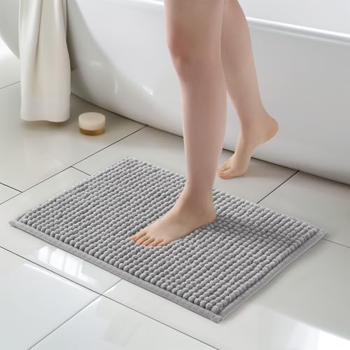FRESHMINT Thick Chunky Chenille Bathroom Rug, 17"x24", Non Slip Bath Mat, Soft Bathroom Decor, Cute Shower Mat, Water Absorbent, Washable, Dove Gray - color: Dove Gray, size: 24" x 17"