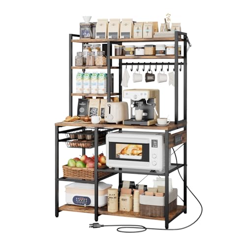 VEVOR Kitchen Bakers Rack with Power Outlets, 35.4x15.7x70.9 Inch Microwave Stand with Built-in Power Strip & 5 Ft Cord, 10 S-Shaped Hooks, for Dish Storage, Spice Jars, Coffee Bar Organization - size: 35.4 x 15.7 x 70.9