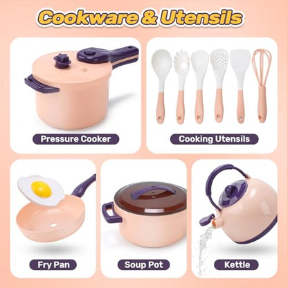 CUTE STONE Kids Kitchen Accessories, Toy Pots & Pans Set with Sound & Light Induction Cooktop, Cuttable & Peelable Play Food, Play Cookware, Educational Role Play Gift for Toddlers & Kids Ages 3+ - style: Purple with induction
