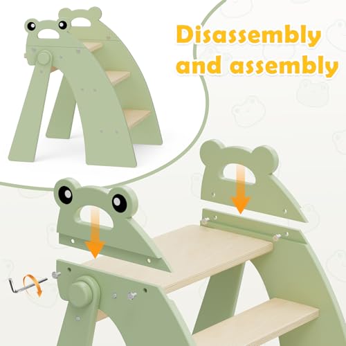 Wooden 3 Step Stool for Kids Bathroom Sink Foldable Anti-Slip, Child Stepping Stool for Bedroom - color: Green Frog