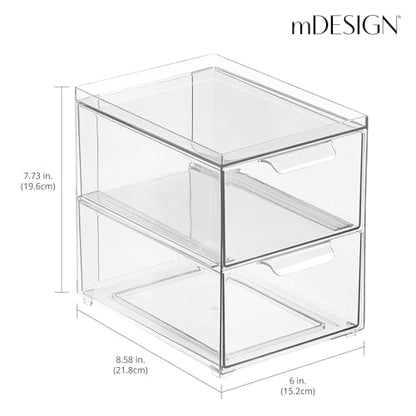 mDesign Stackable Storage Containers Box with 2 Pull-Out Drawers - Stacking Plastic Drawer Bins for Master or Guest Bathroom, Linen Closet, Vanity, or Makeup Table - Lumiere Collection - 8 Pack, Clear - size: 8 x 6 x 7 (Pack of 8)