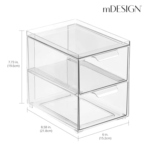 mDesign Stackable Storage Containers Box with 2 Pull-Out Drawers - Stacking Plastic Drawer Bins for Master or Guest Bathroom, Linen Closet, Vanity, or Makeup Table - Lumiere Collection -Clear - size: 8 x 6 x 7 (Pack of 1)