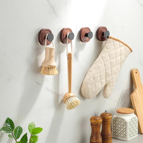 DELITON Suction Cup Hooks for Shower - 4 Pack Wooden Bathroom Towel Hooks Removable Without Drilling, for Hanging Towels, Bath Towels, and Bathrobes - color: Brown-4 Pack