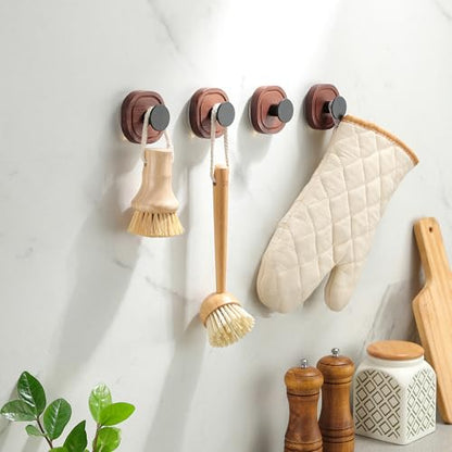 DELITON Suction Cup Hooks for Shower - 4 Pack Wooden Bathroom Towel Hooks Removable Without Drilling, for Hanging Towels, Bath Towels, and Bathrobes - color: Brown-4 Pack