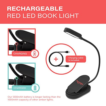 hooga Red Book Light, Rechargeable Clip On 625nm LED Light for Reading in Bed. No Blue Light Emitted, Eye Care Light for Strain-Free, Healthy Eyes. Gift for Students, Kids, Travel, Nursing, Studying. - color: Red