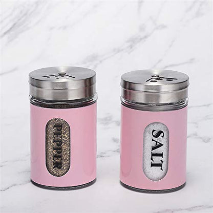 Salt and Pepper Shakers Stainless Steel and Glass Set with Adjustable Pour Holes (Pink) - color: Pink